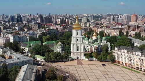 Beautiful flight in the afternoon over the Hagia Sophia in Kiev. Morning view of the houses.