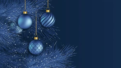 Festive Blue Christmas Tree Branches with Ornaments and Falling Snow