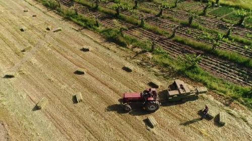 Tractor Baler Making Hay Bales in Rural Setting