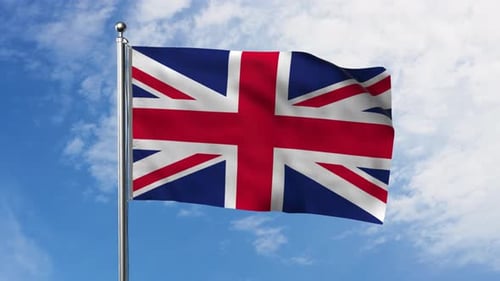 Seamless Loop United Kingdom Flag Waving Against Blue Sky