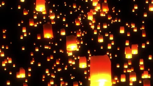 Golden Sky Lanterns Floating at Night Seamless Loop