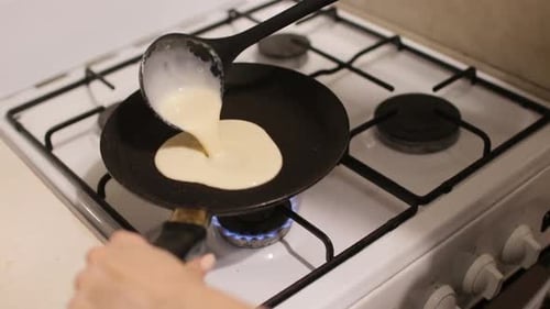 Pancake Batter Poured into Frying Pan