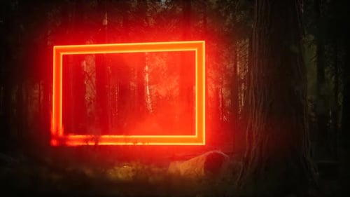 Neon Glowing Rectangle Frame in the Night Forest