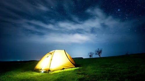 Illuminated Camping Tent Under Starry Night Sky