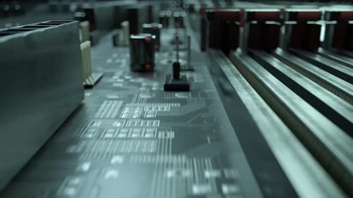 Loopable fly over computer circuit board, transistors, hardware electronics. 4K