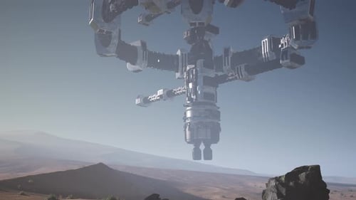 Alien Spaceship Rotate Over Desert. Ufo