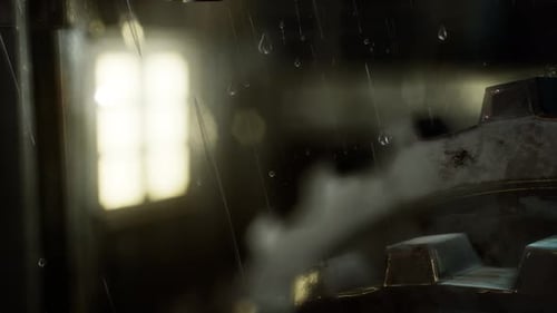 Dark Industrial Mechanical Gear with Rain and Steam