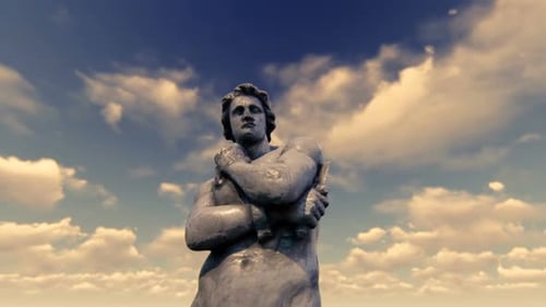 3D Rotating Classical Statue Against Sky with Moving Clouds