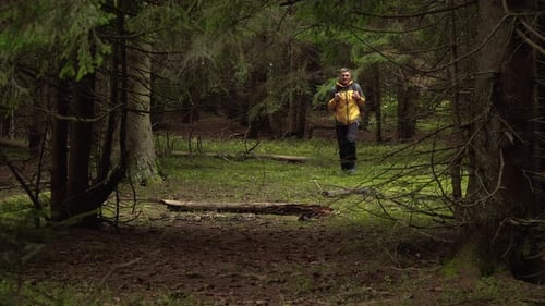 Ein Mann mit Rucksack reist in einem schönen Wald