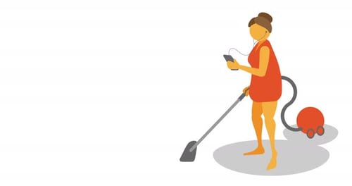 Flat Design Animation: Woman Vacuuming While Using Smartphone