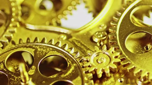 Golden Vintage Antique Gears Mechanism Working Zoom Out Close Up