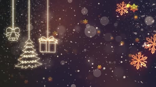Elegant Christmas Background with Golden Snowflakes and Line Art Icons