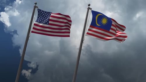 United States and Malaysia Flags Waving Against Cloudy Sky