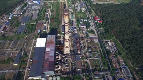 Smoking Chimney Thermal Power Plant. Aerial View Industrial District Territory
