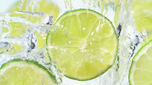 Sliced Limes Falling into Water Close Up
