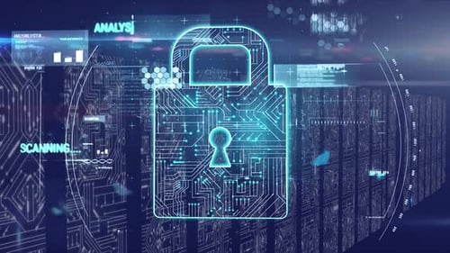 Animation of padlock with computer processors in background