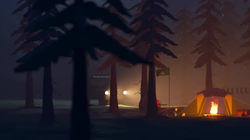 Cartoon animation of the campsite in the woods during the night. Adventure.