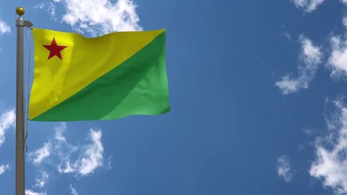 Yellow Green Flag with Red Star Waving in Blue Sky