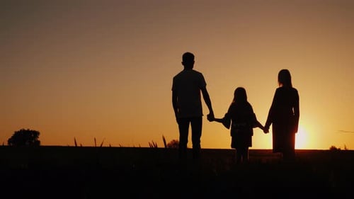 Young Family with a Child Admiring the Sunset in the Field, Holding Hands