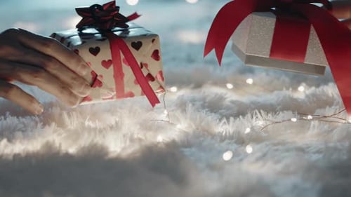 Hands Placing Gift Boxes on Fluffy Rug with Lights