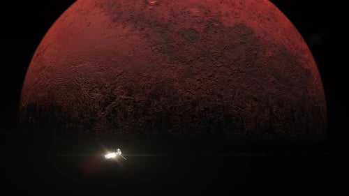 Satellite moving slowly across the planet Mars