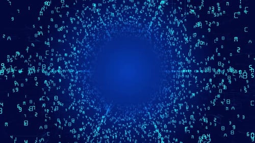 Flying into Futuristic Big Data Digital tunnel Binary code particles network connection motion