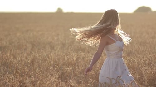 Lovely Woman with Flying Hair in Field at Sunset