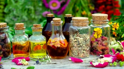 Botanical Apothecary Bottles with Fresh Herbs and Flowers