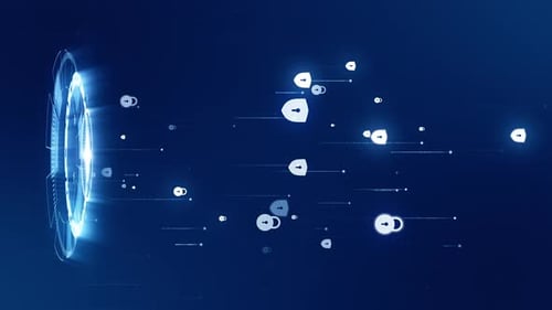Blue security icon connection with rotation of futuristic circle technology abstract background