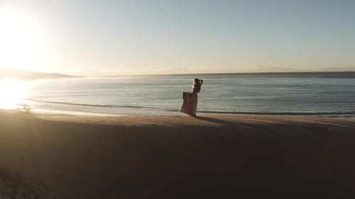 Woman Dancing In Long Dress On Sandy Beach
