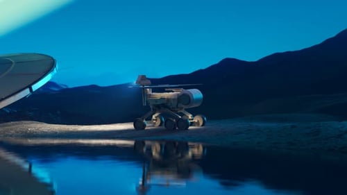 Futuristic Space Rover Explores Alien World with Emerging Spaceship