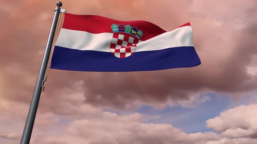 Croatia National Flag Waving in Slow Motion Against Cloudy Sky