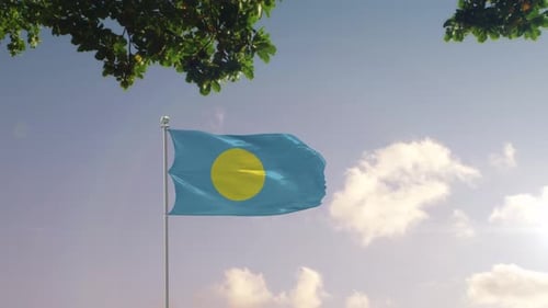 Palau-Flagge mit moderner Stadt