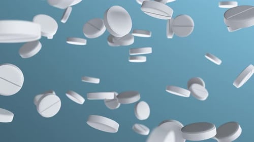 Animation with slow motion falling the white pills and medicine tablets 4k loop