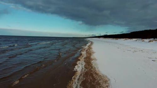 Aerial View at the Baltic Sea, Winter Season Landscape by the Sea in Sunny Day.