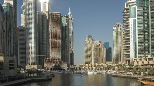 Movement of Boats on the River, in the Modern City. Time Lapse