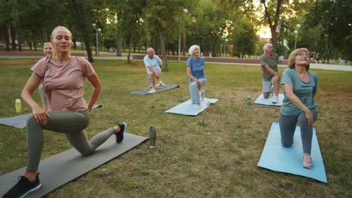 Instructor Leads Senior Adults in Exercise Class in Park