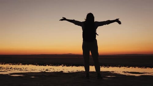 Woman Silhouette Reaches Up at Colorful Beach Sunset