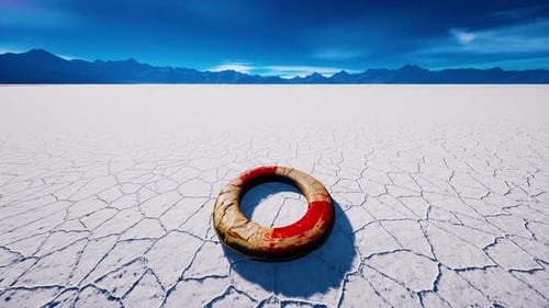 Isolated Lifebuoy in Arid Salt Flat Landscape