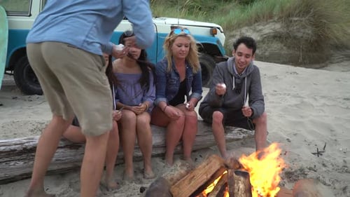 Group of friends at beach hanging out by campfire