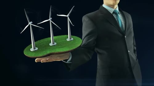 Hombre de negocios tiene a mano Green Energy Concept Build Animation Windmill Black