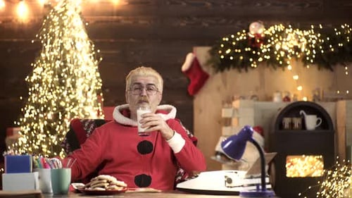 Man Drinks Milk in Christmas Decorated Home