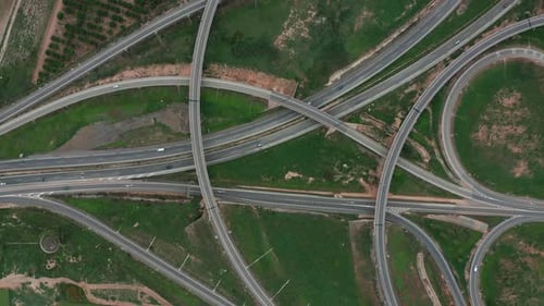 Aerial Drone Accent Large Road Intersection Highway From High Altitude, Modern City Traffic Car Move