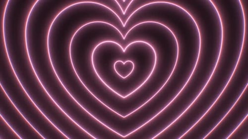 Beautiful Pink Heart Outline Shapes Neon Glowing Moving Fast Tunnel - 4K