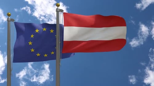 Waving Flags of Austria and European Union in Realistic 3D