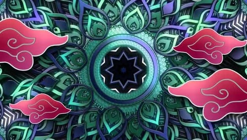 Vibrant Symmetrical Mandala Pattern Background with Decorative Clouds