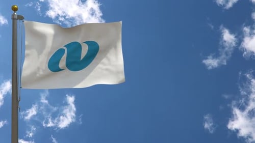 White Flag Flying with Brand Logo Placeholder Against Blue Sky