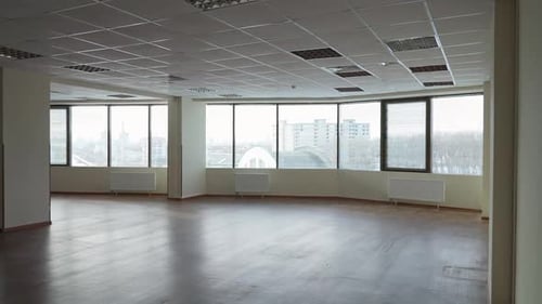 Workspace Interior Walk Through the Office Space Inside Skyscraper Office with Panoramic Windows