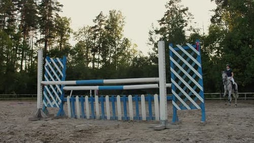 SLOW MOTION CLOSE UP LOW ANGLE Horsegirl Riding Strong Brown Horse Jumping the Fence in Sunny