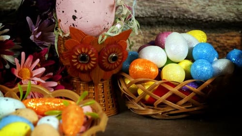 Colorful Easter Eggs and Decorations in Woven Baskets